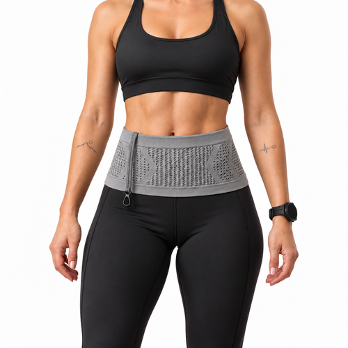 Femme portant la ceinture de running grise sur une tenue de sport noire