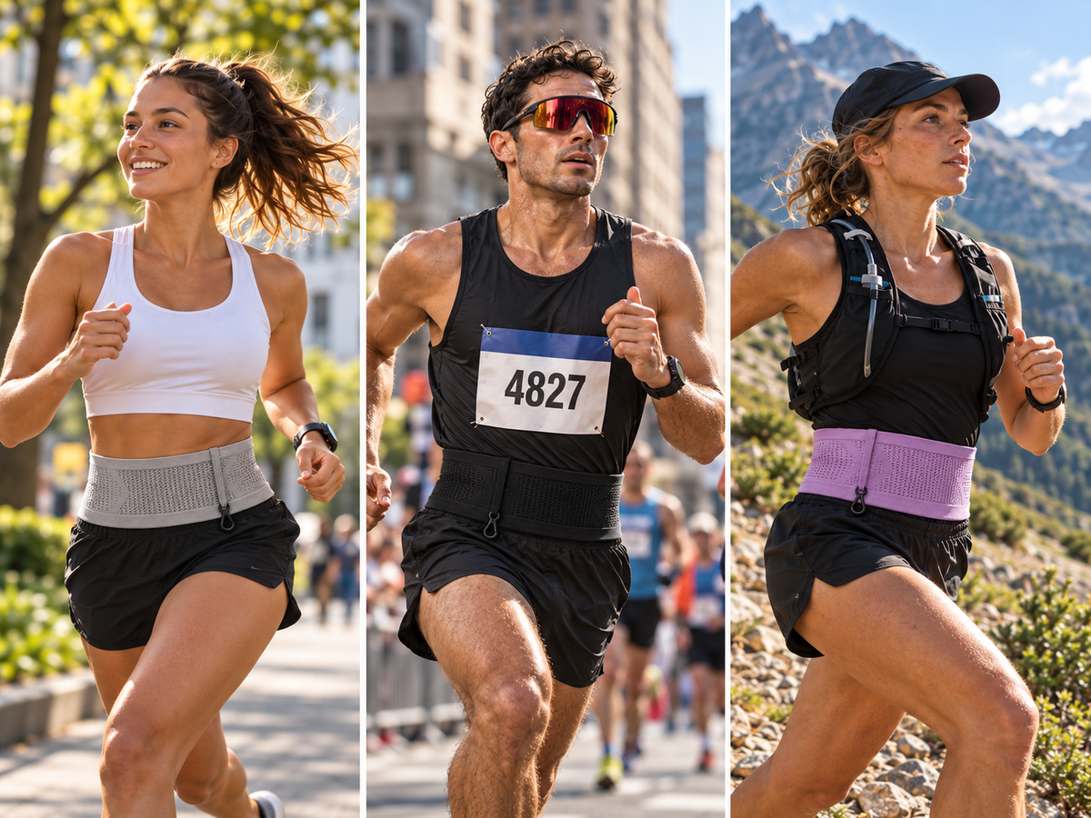 Trois coureurs avec la ceinture de running : en ville, en course et en montagne