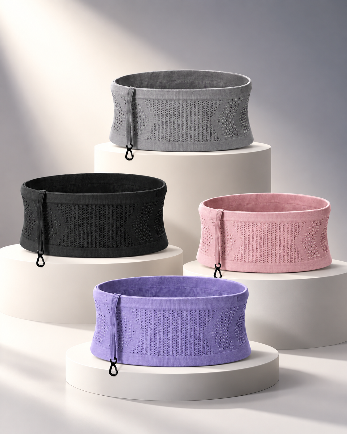 Ceintures de running grise, noire, rose et lavande posées sur des socles blancs