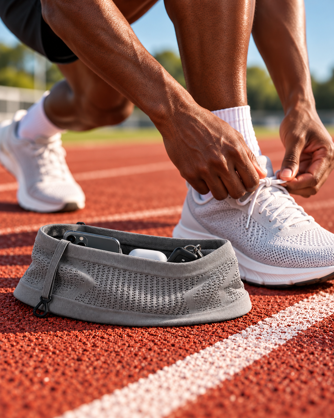 Ceinture de running grise posée sur une piste d’athlétisme, téléphone et écouteurs rangés à l’intérieur