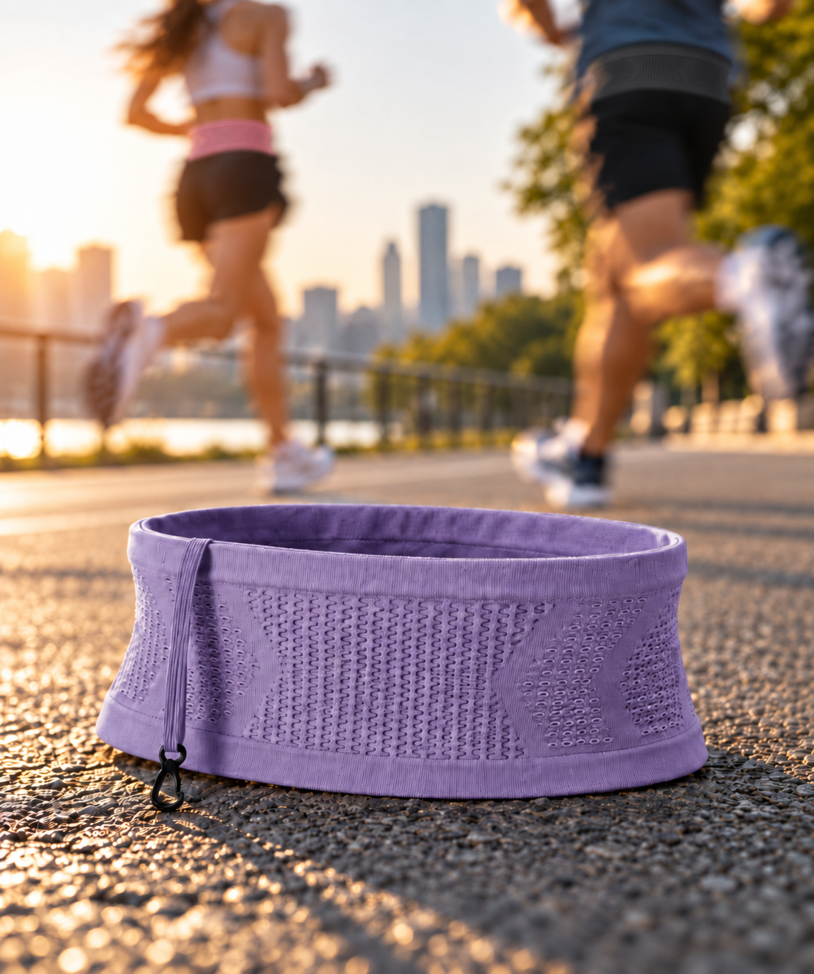 Ceinture de running lavande posée au sol, coureurs en arrière-plan